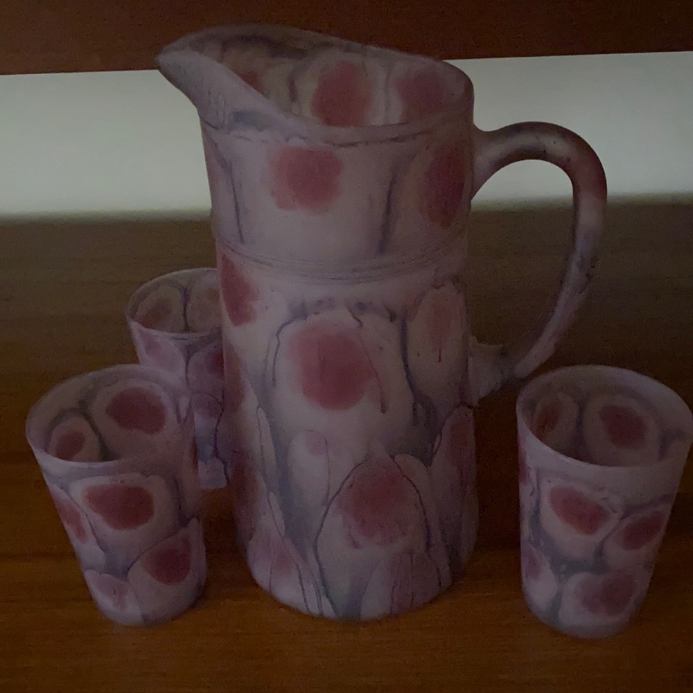 VINTAGE 1970’s Frosted Art Glass Pitcher & 3 Glasses